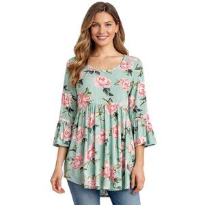 Plus Size 2XL Floral Boho Tunic Top Bell Sleeve High Low Blouse